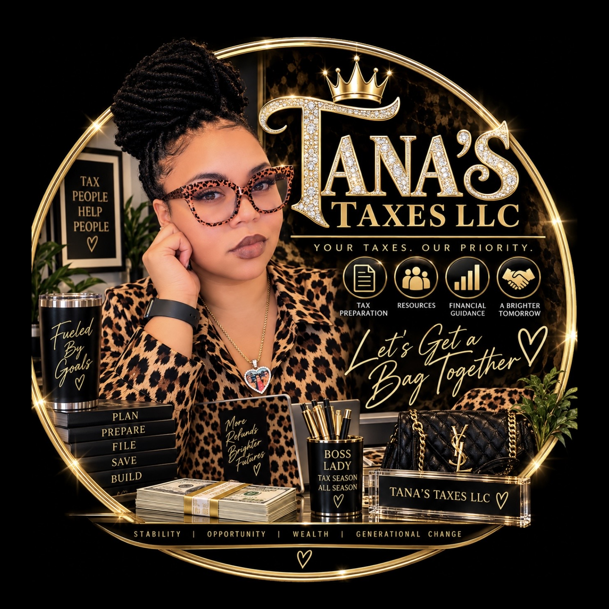 Tana's Taxes LLC logo and owner portrait
